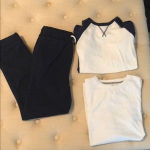 Navy jogger pants and two long sleeve shirts